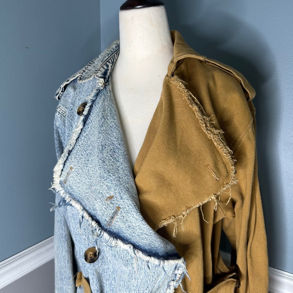 Athina Womens color block Trench Coat Denim and Tan Canvas Frayed Edges Belted - Picture 2 of 11